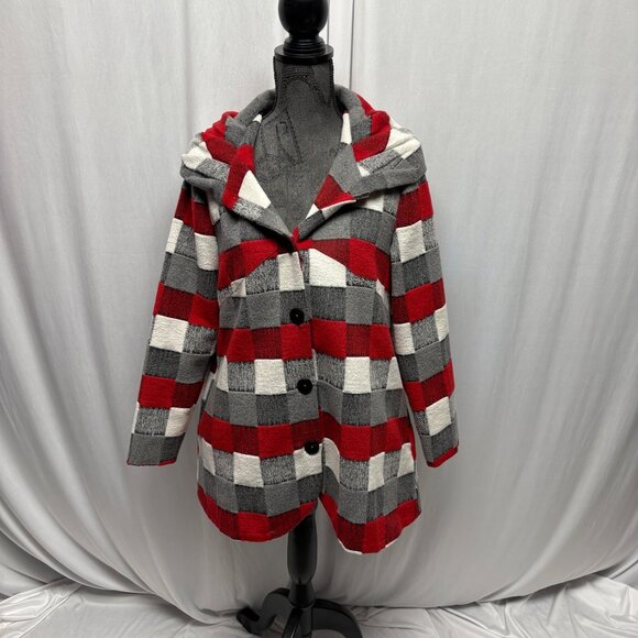 Trisha Tyler Jackets & Blazers - Trisha Tyler Coat Womens Size Small Red Gray Plaid Button Front Shawl Collar